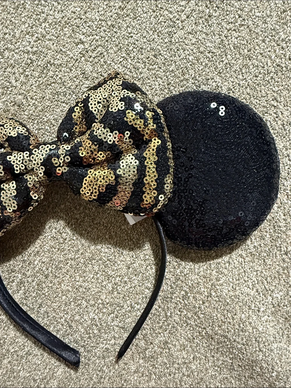 Disney Black Sequin Minnie Ears Headband with Gold Leopard Bow